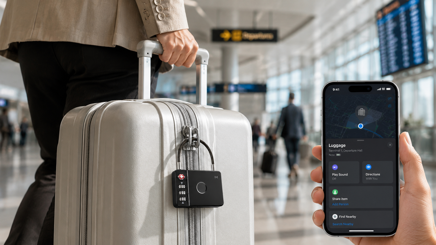 Know where your luggage is with a trackable luggage lock shown on a suitcase and location tracking on iPhone or Android