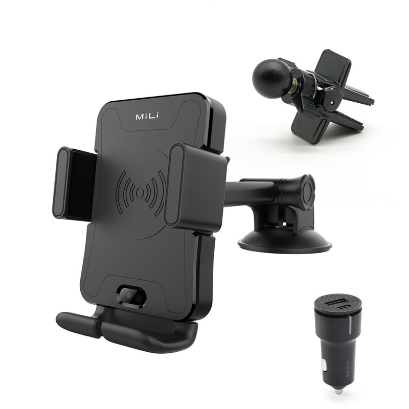 MiLi Carmate II Wireless Charging Car Mount, Easy to Install, Suction Cup & Vent Clip, Qi Fast Charging